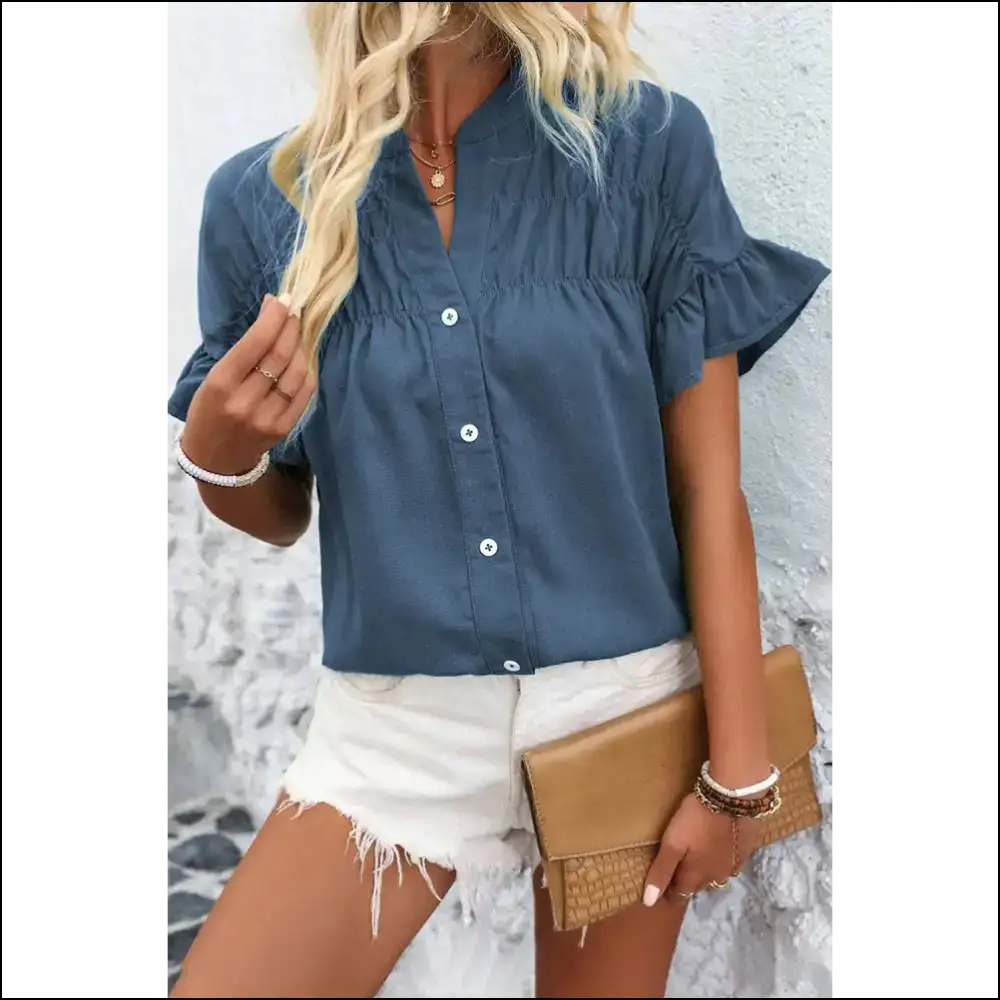 Real Teal Ruffle Ruched Riot: Needful Things Shirt 🎽 - Blouses on Sale Worldwide Shipping
