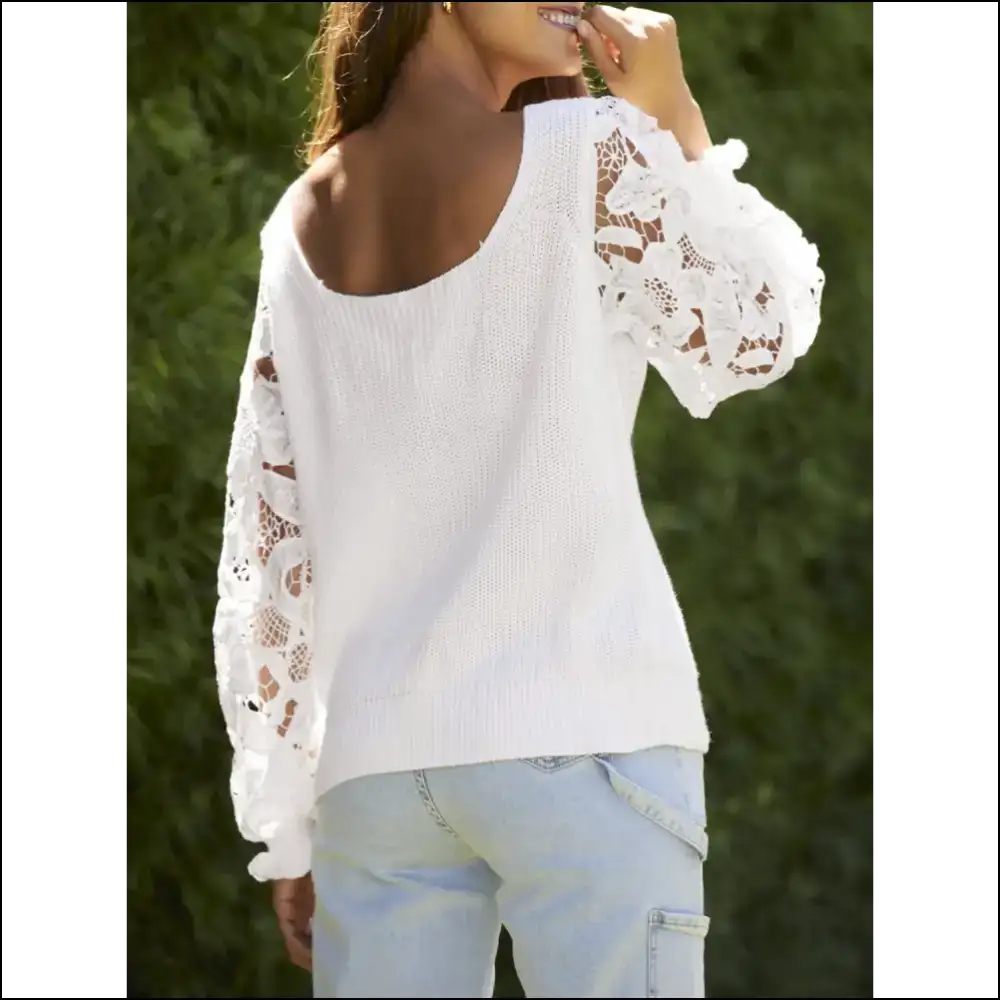 Ribbed Lace Trim Flounce Sleeve Knit Top - Blouses on Sale Worldwide Shipping