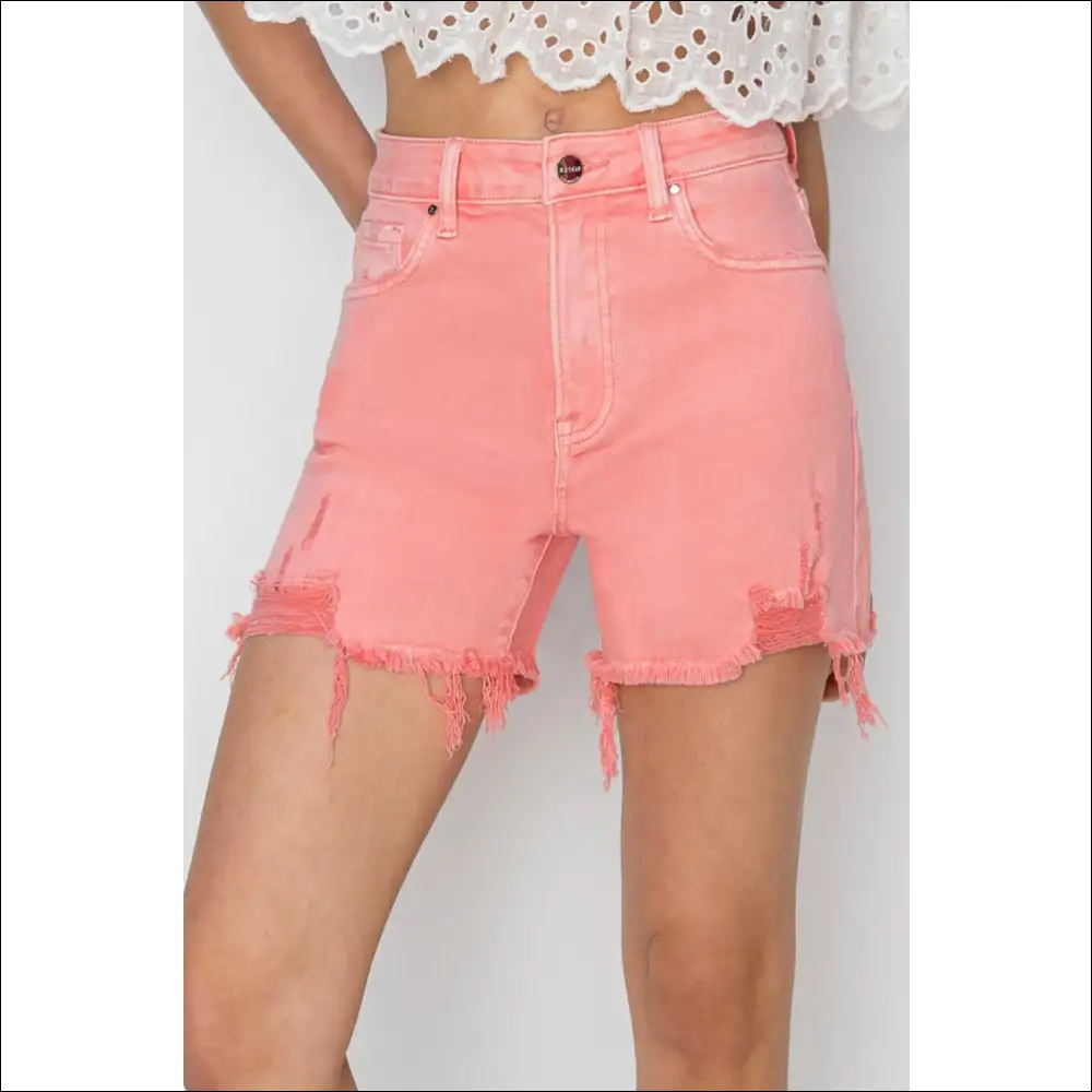 Risen High Rise Distressed Denim Shorts - Flamingo / s - on Sale Worldwide Shipping