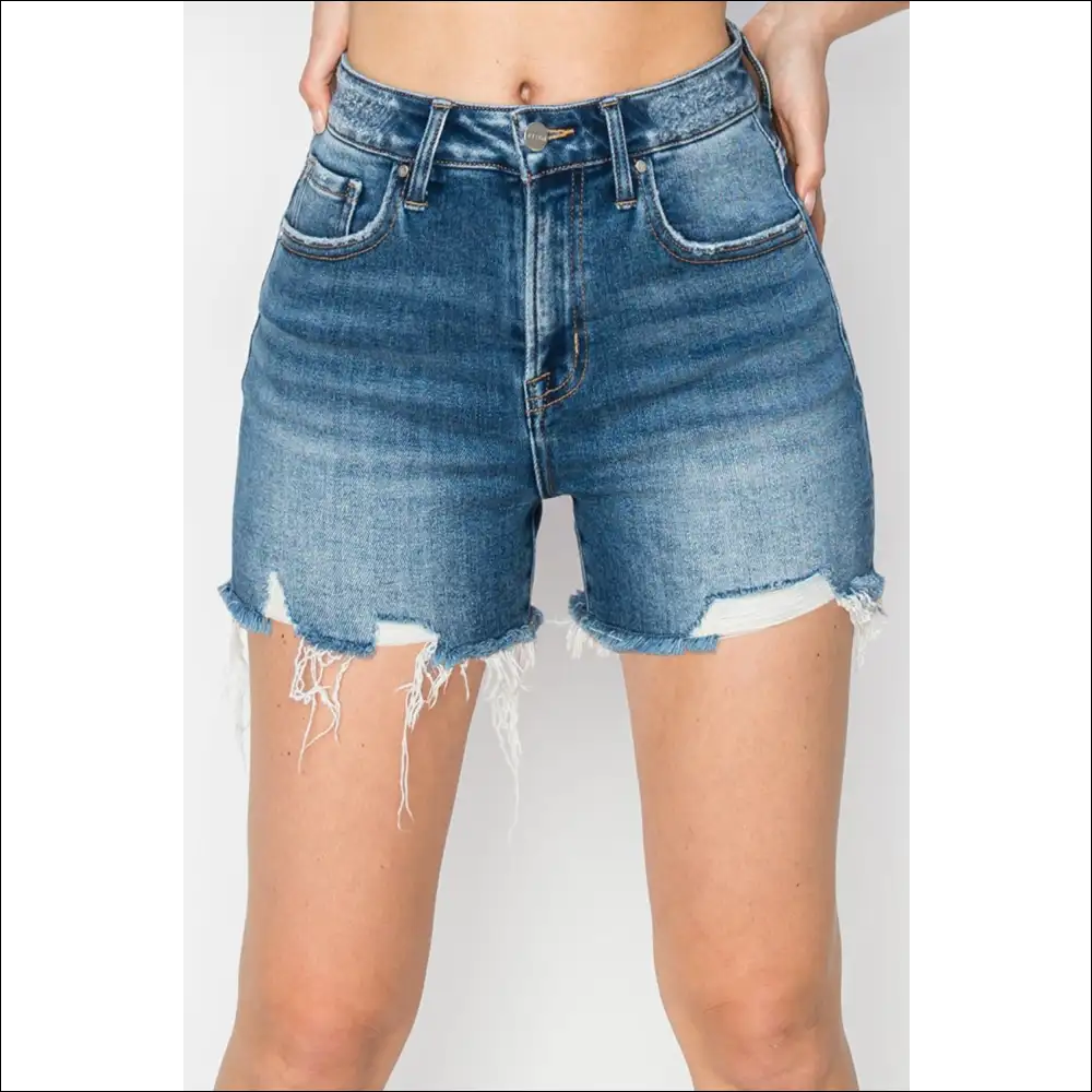 Trendy High Rise Raw Hem Distressed Denim Shorts - on Sale Worldwide Shipping