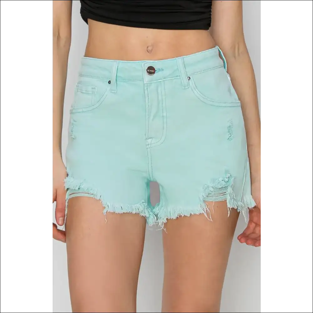 Risen Mid Waist Frayed Hem Denim Shorts - Gum Leaf / m - on Sale Worldwide Shipping