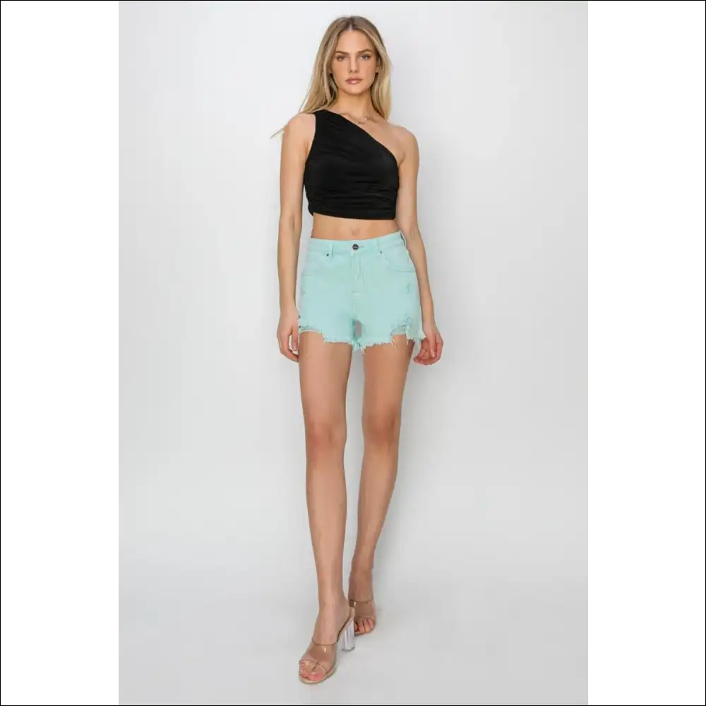 Risen Mid Waist Frayed Hem Denim Shorts - on Sale Worldwide Shipping
