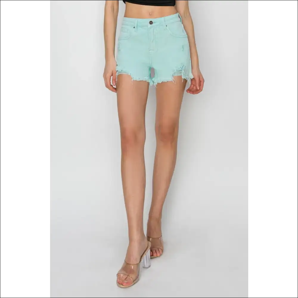 Risen Mid Waist Frayed Hem Denim Shorts - on Sale Worldwide Shipping