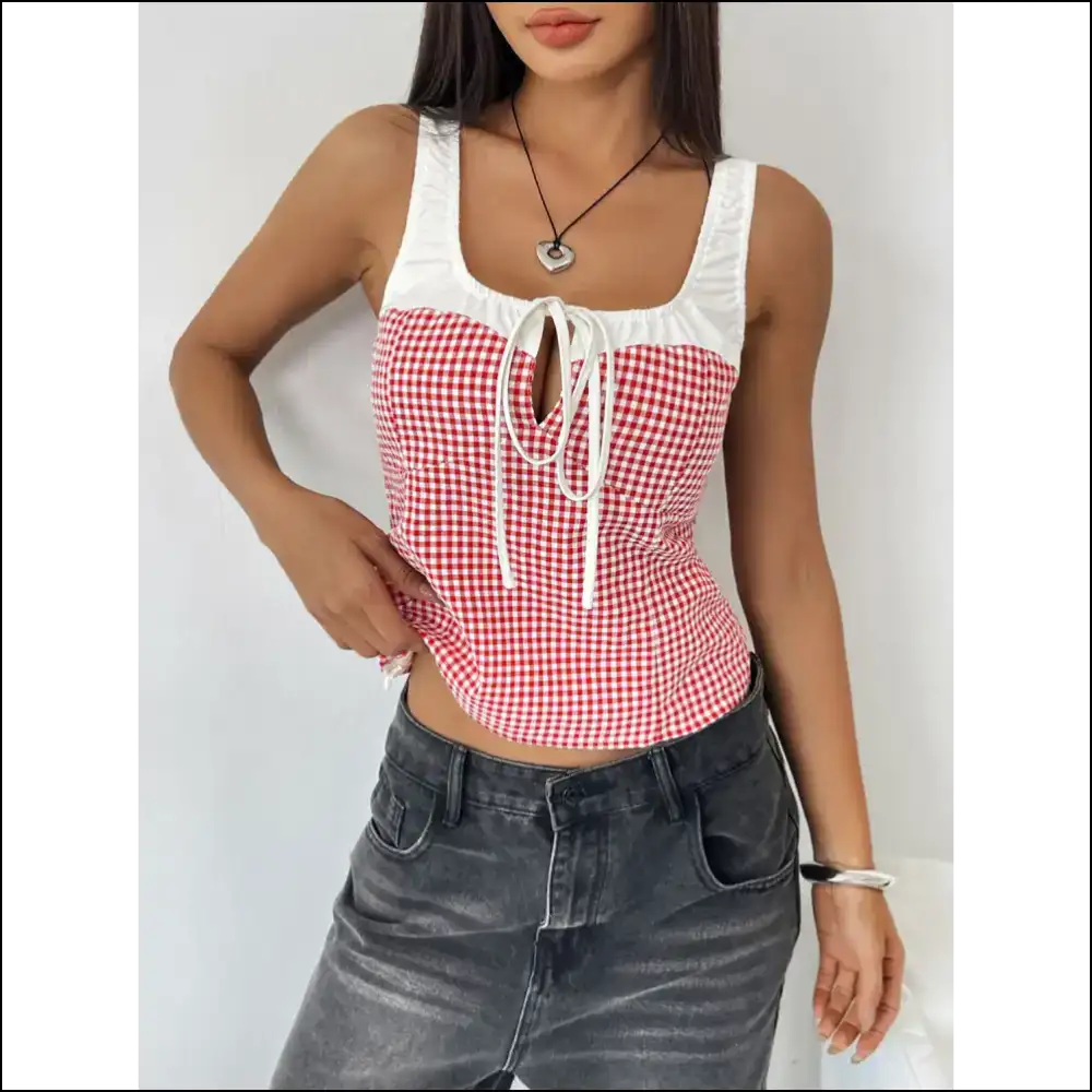 Rock your Style with Perfee Contrast Plaid Square Neck Tank - Compliments on Standby! πβ¨ - Tops on Sale Worldwide Shipping