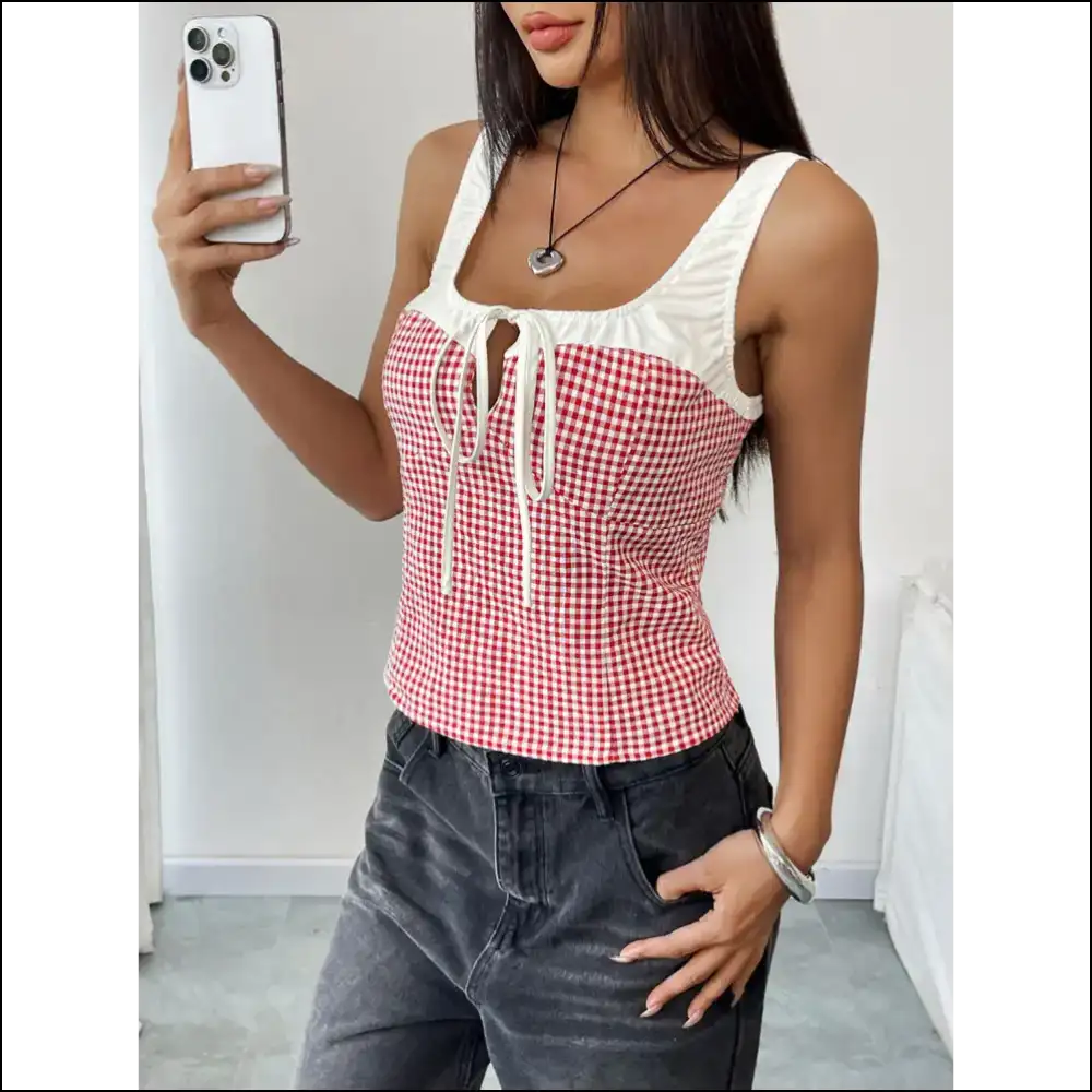 Rock your Style with Perfee Contrast Plaid Square Neck Tank - Compliments on Standby! πβ¨ - Tops on Sale Worldwide Shipping