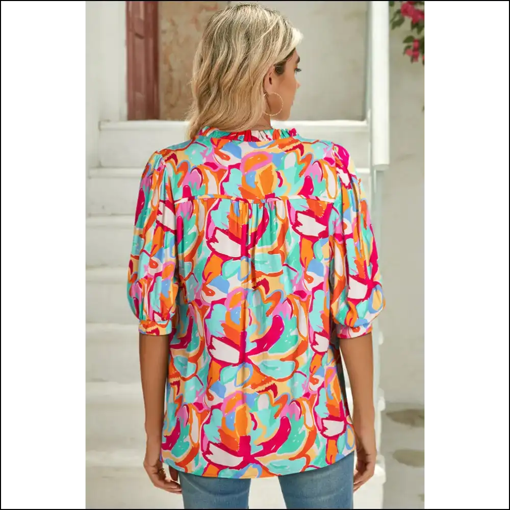 Rose Red Abstract Puff Sleeve Blouse: Prepare for Fabulousness - Blouses on Sale Worldwide Shipping