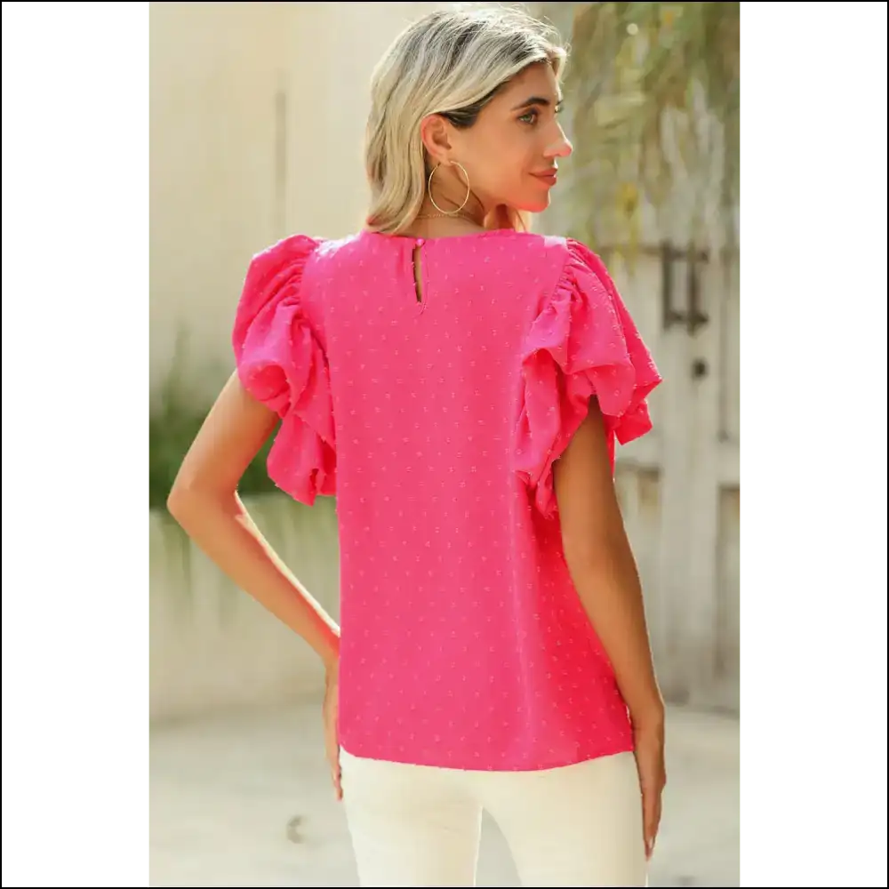 Rose Red Ruffle Sleeve Swiss Dot Blouse Alert Goddess Mode Activated - Blouses on Sale Worldwide Shipping