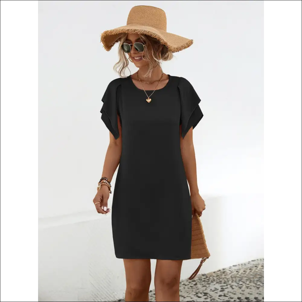 Chic Round Neck Flutter Sleeve Mini Dress - Black / m - Dresses on Sale Worldwide Shipping