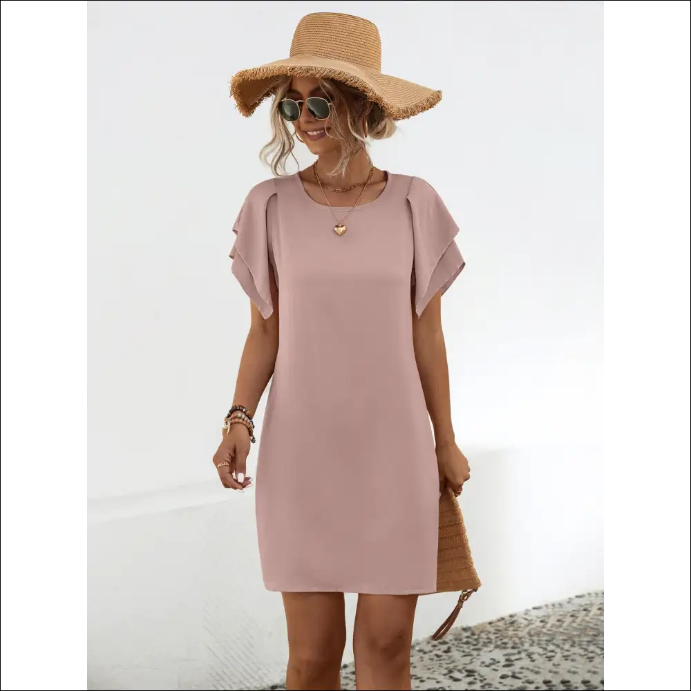 Chic Round Neck Flutter Sleeve Mini Dress - Dusty Pink / Xl - Dresses on Sale Worldwide Shipping