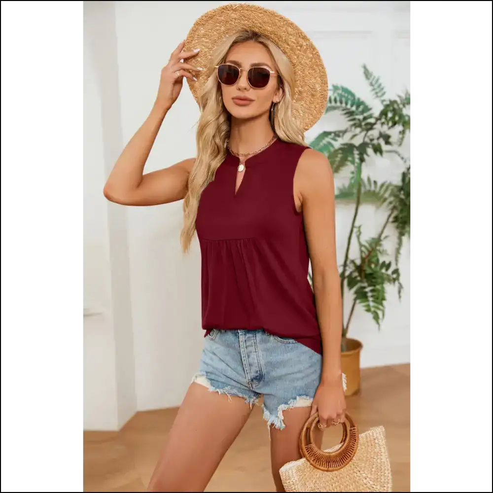 Ruched Notched Tank Top - Chic & Stylish - Burgundy / s - Tops on Sale Worldwide Shipping