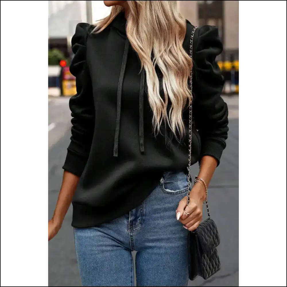 Ruched Puff Sleeve Hoodie: Chic Black Needful Things π€ - Khaki-1 / s - Sweatshirts & Hoodies on Sale Worldwide Shipping