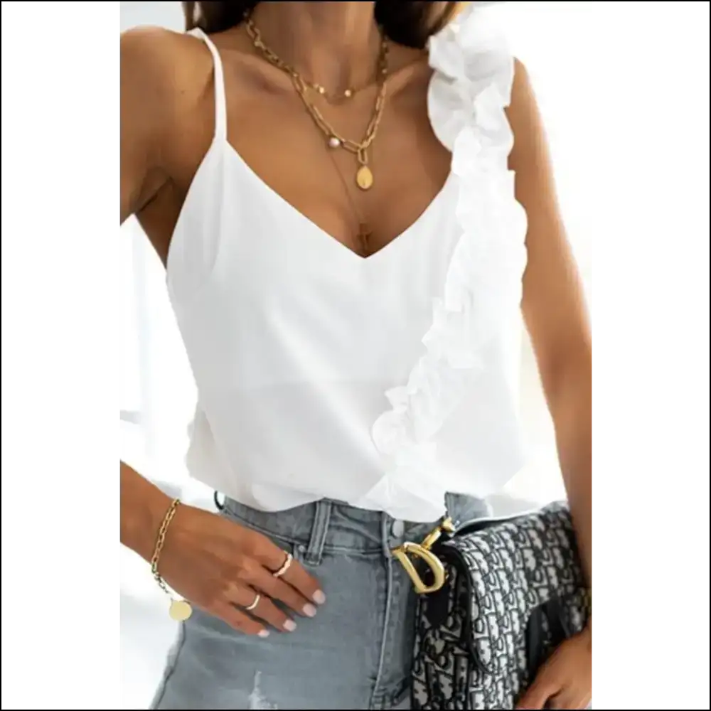 Ruffled V-neck Cami: Chic Elegance Awaits You! - Tank Tops on Sale Worldwide Shipping