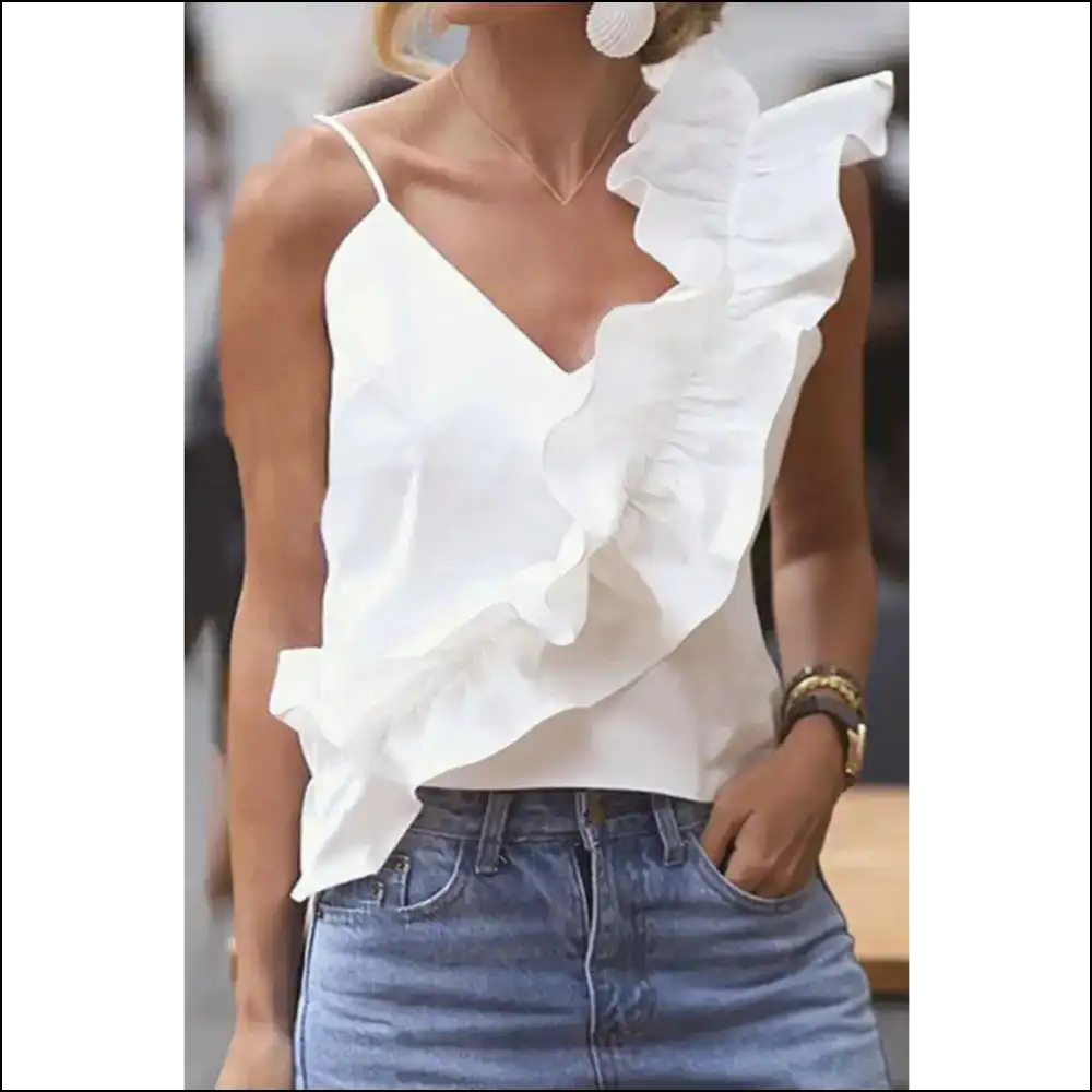 Ruffled V-neck Cami: Chic Elegance Awaits You! - White / s - Tank Tops on Sale Worldwide Shipping