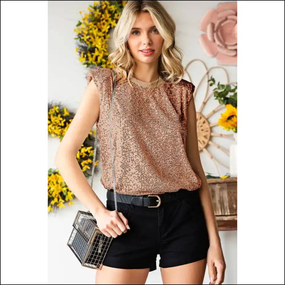 Sequin Capped Sleeve Tank - Shine Bright - Camel / s - Tops on Sale Worldwide Shipping