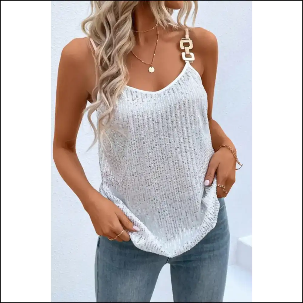 Sequin Spaghetti Strap Shenanigans: Glamorous White - Camisoles Tank Tops on Sale Worldwide Shipping