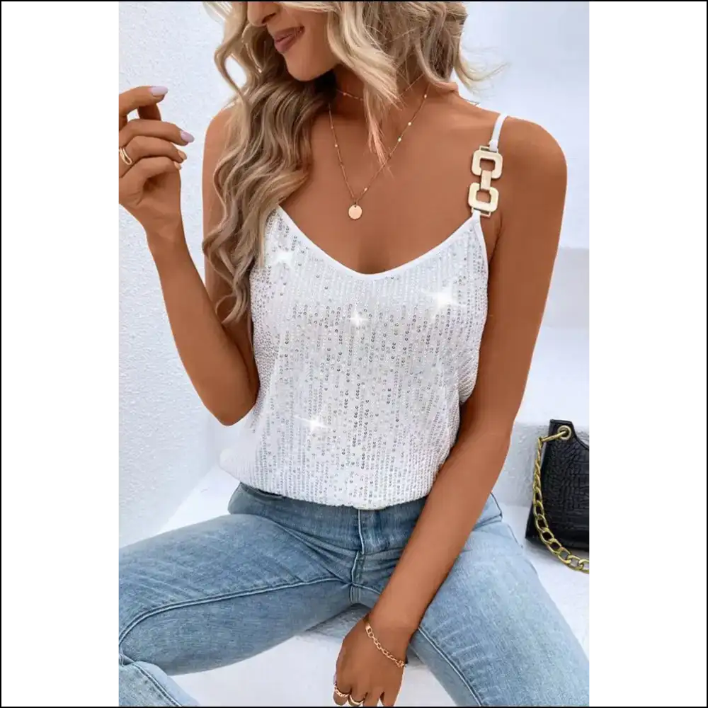 Sequin Spaghetti Strap Shenanigans: Glamorous White - Camisoles Tank Tops on Sale Worldwide Shipping