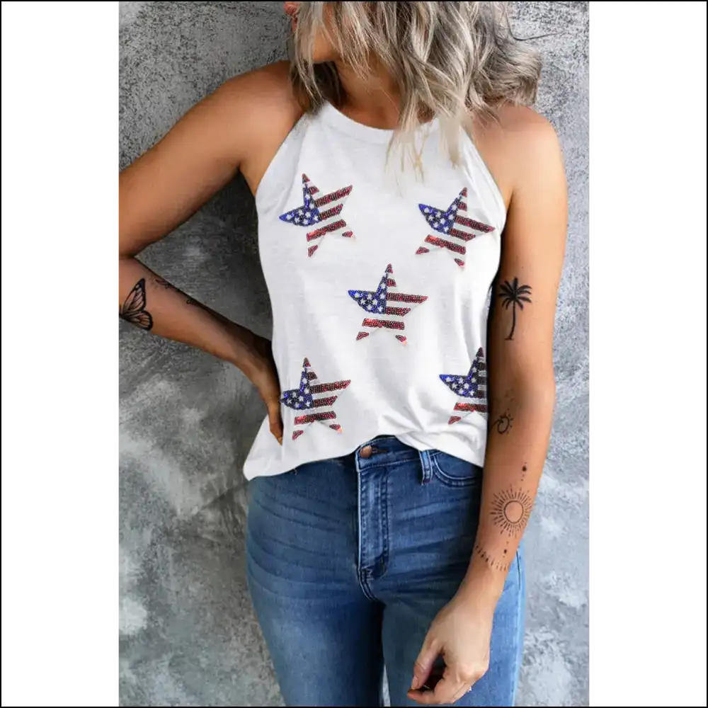 Sequin us Flag Star Grecian Neck Tank - Tops on Sale Worldwide Shipping