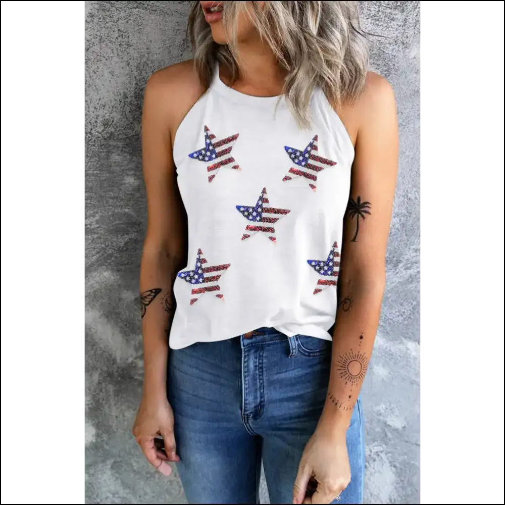 Sequin us Flag Star Grecian Neck Tank - White / m - Tops on Sale Worldwide Shipping