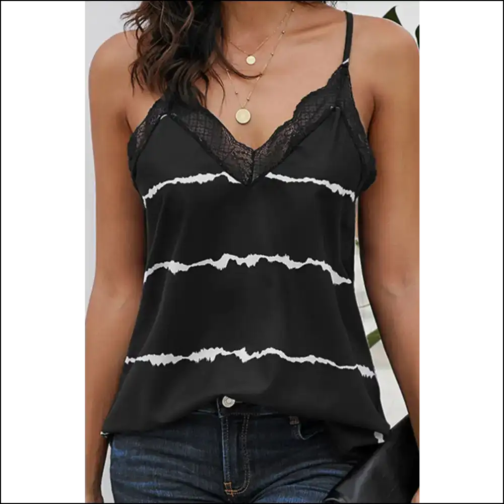 Shiny Lace Detail V-neck Cami - Black / 2xl - Tank Tops on Sale Worldwide Shipping