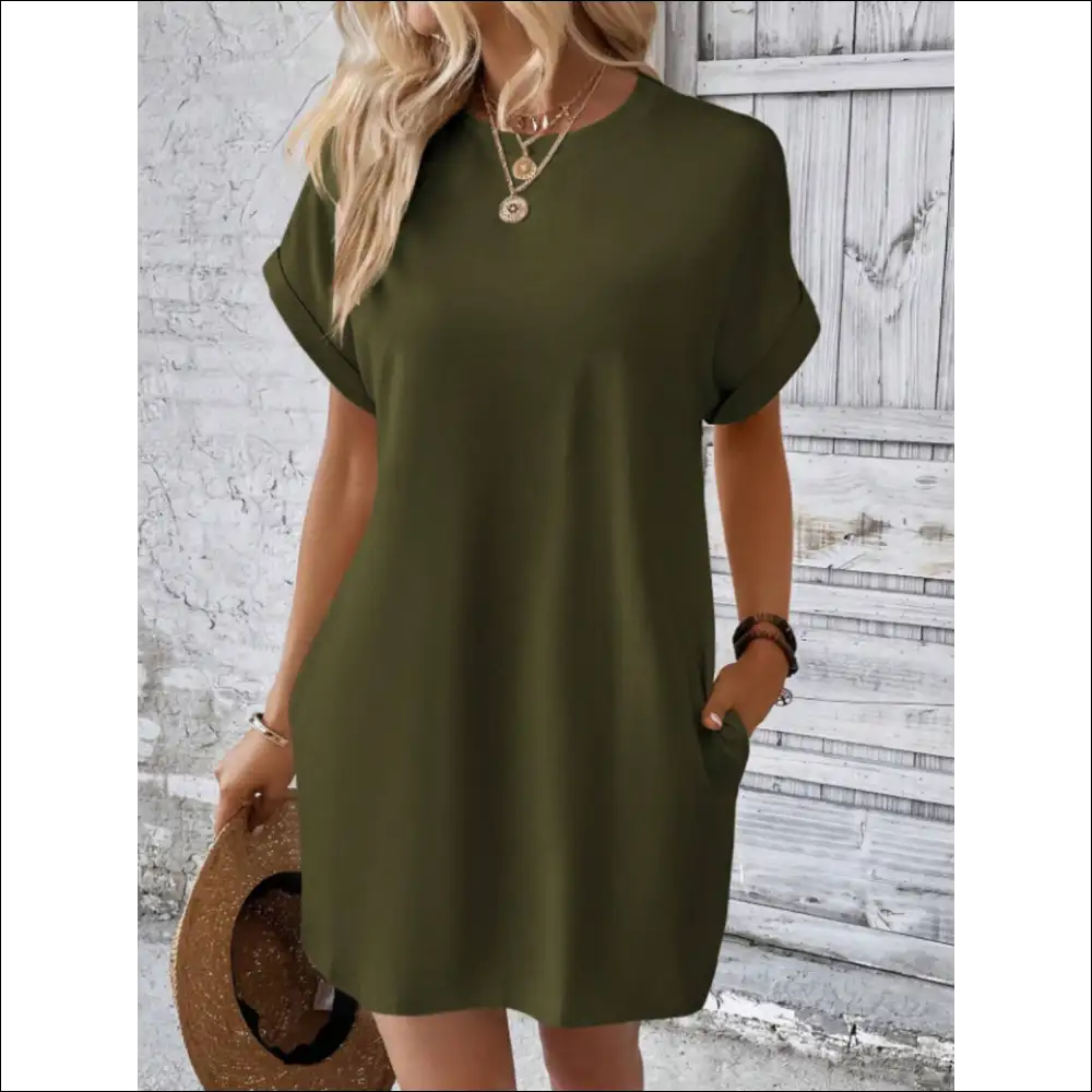 Chic Short Sleeve Mini Tee Dress with Pockets - Green / s - Dresses on Sale Worldwide Shipping