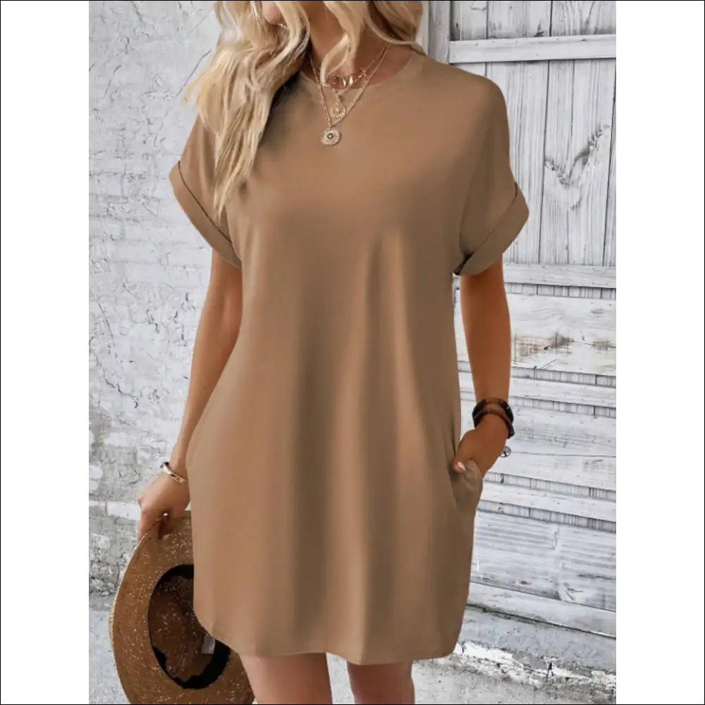 Chic Short Sleeve Mini Tee Dress with Pockets - Camel / 2xl - Dresses on Sale Worldwide Shipping