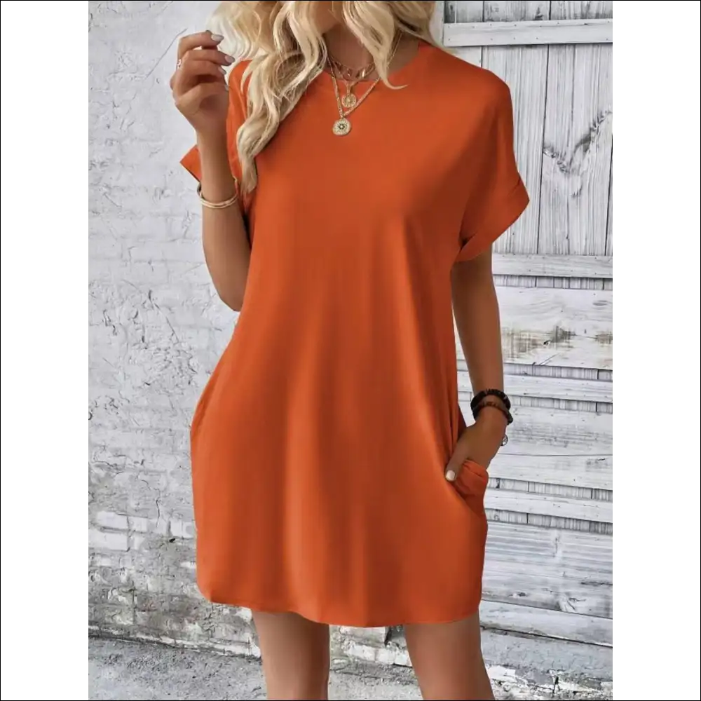 Chic Short Sleeve Mini Tee Dress with Pockets - Bronze / s - Dresses on Sale Worldwide Shipping