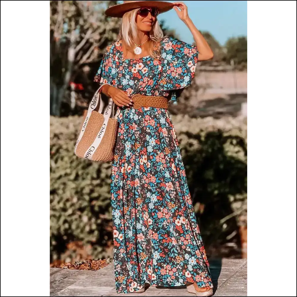 Sky Blue Boho Floral Print Maxi Dress: Goddess π Needful Things - Dresses on Sale Worldwide Shipping