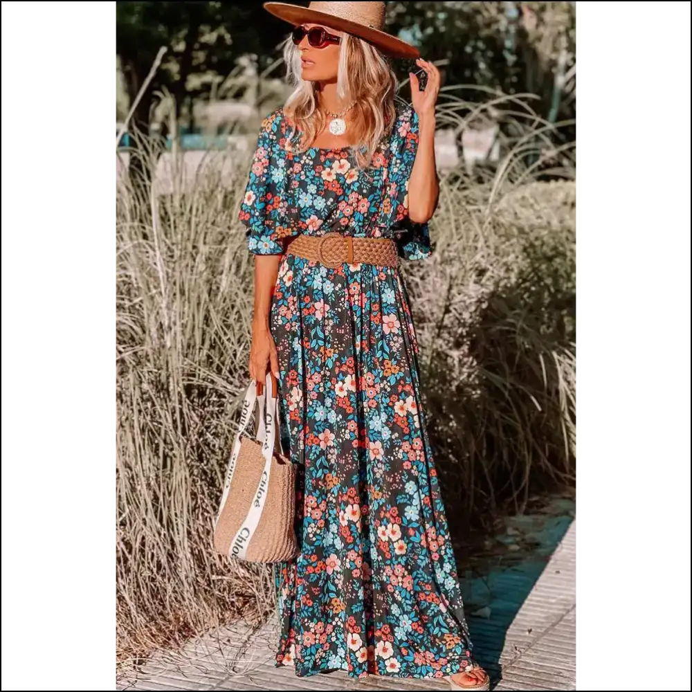 Sky Blue Boho Floral Print Maxi Dress: Goddess π Needful Things - Dresses on Sale Worldwide Shipping