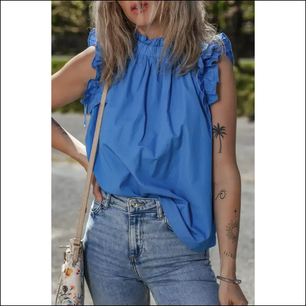 Sky Blue Frilled Neck Ruffle: Needful Things’ Arm Day Anthem’ 💙 - Sleeveless Shirts Tank Tops on Sale Worldwide Shipping