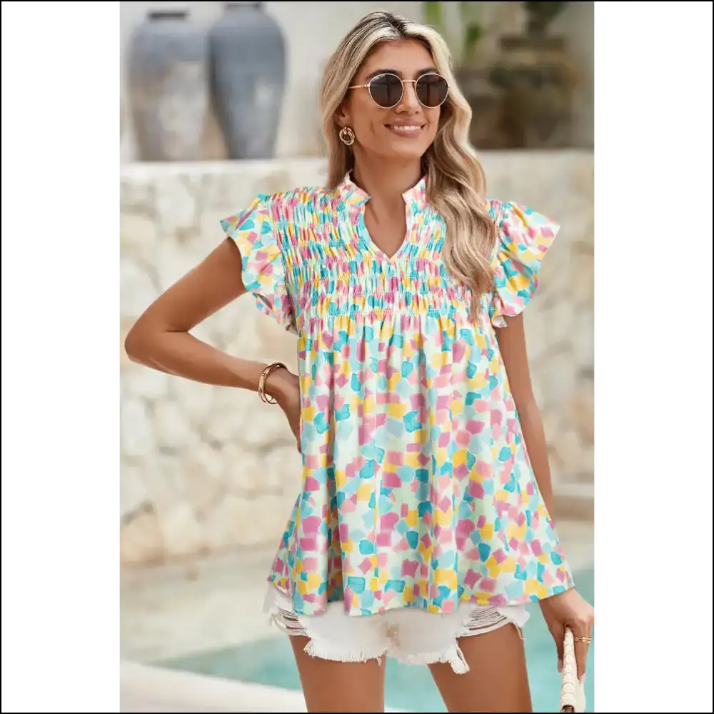 Sky Blue Smocked Blouse Frillier than your Aunt Mildred - Green / Xs - Blouses on Sale Worldwide Shipping