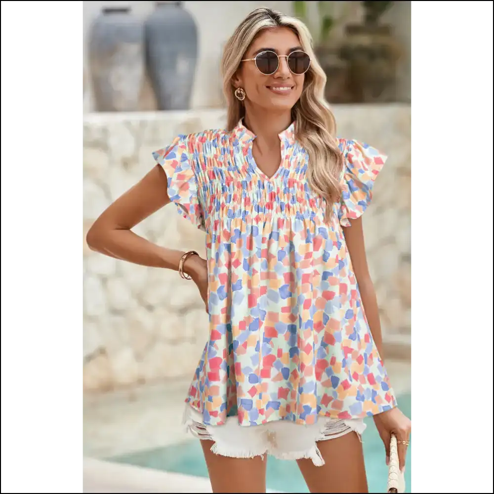 Sky Blue Smocked Blouse Frillier than your Aunt Mildred - Pink / Xs - Blouses on Sale Worldwide Shipping