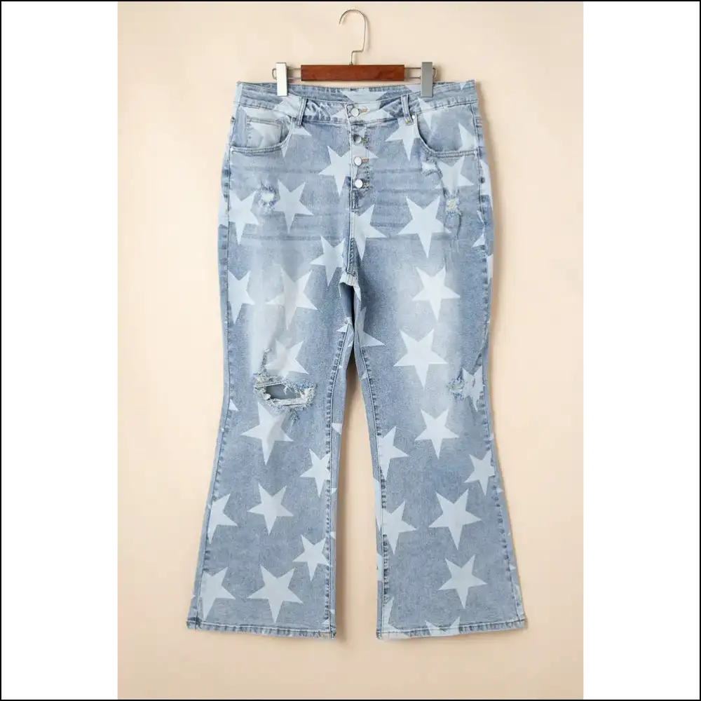 Sky Blue Star Print Slit Knee Jeans: Thigh High Five! 👖✨ - Jeans on Sale Worldwide Shipping