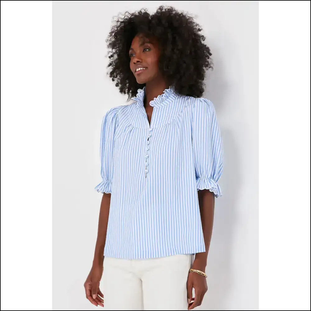 Sky Blue Striped Frill Neck: your ?I Woke Up Like Thisβ Blouse π - Blouses on Sale Worldwide Shipping