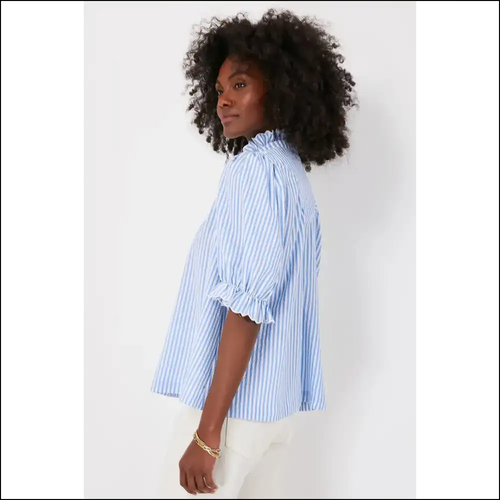 Sky Blue Striped Frill Neck: your ?I Woke Up Like Thisβ Blouse π - Blouses on Sale Worldwide Shipping