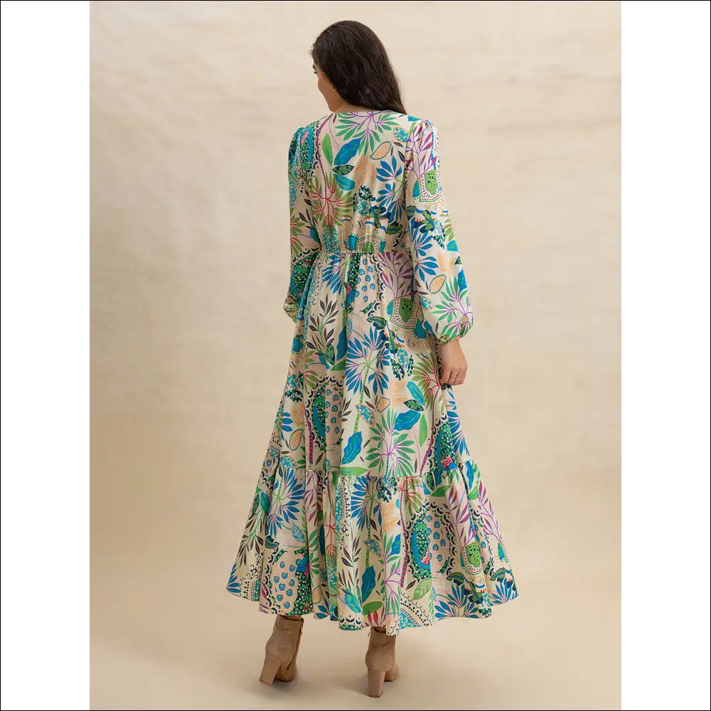 Chic Slit Printed V-neck Long Sleeve Midi Dress - Dresses on Sale Worldwide Shipping