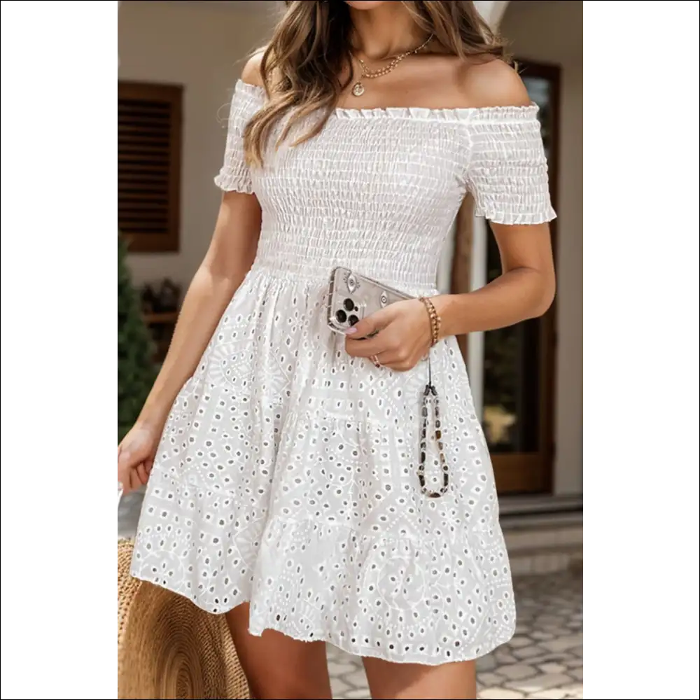 Chic Smocked Off-shoulder Mini Dress - White / l - Dresses on Sale Worldwide Shipping
