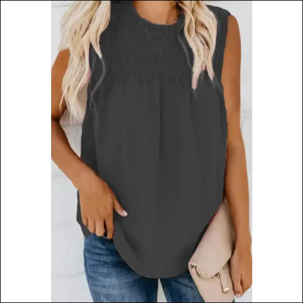 Smocked Tie Back Frill Trim Tank Top - Black / s - Tops on Sale Worldwide Shipping