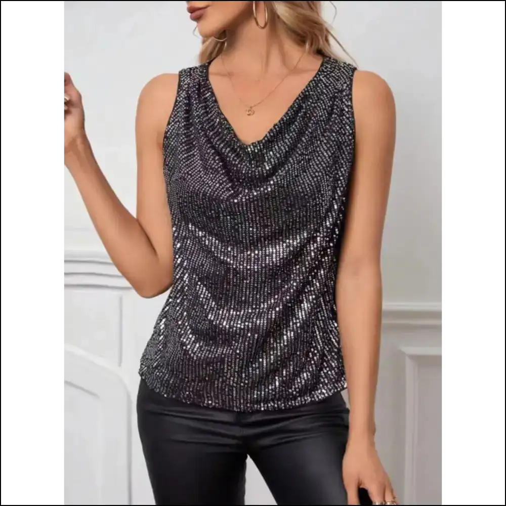 Sparkle Chic Cowl Neck Sequin Tank - Black / s - Tops on Sale Worldwide Shipping
