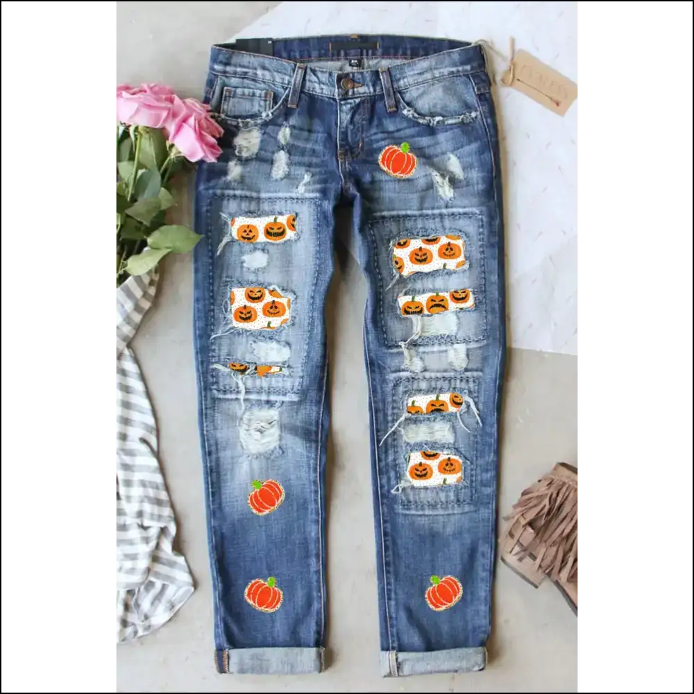 Spooktacular Style Unleashed: Distressed Pumpkin Jeans for Fashion Ghouls! ππ - Medium / 4 - on Sale Worldwide Shipping