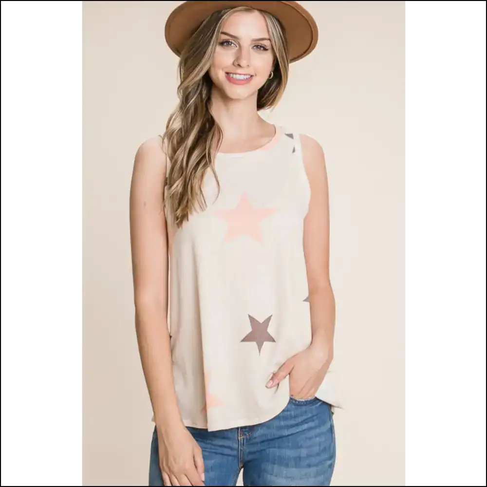 Starry Nights Round Neck Tank Top - Beige / m - Tops on Sale Worldwide Shipping