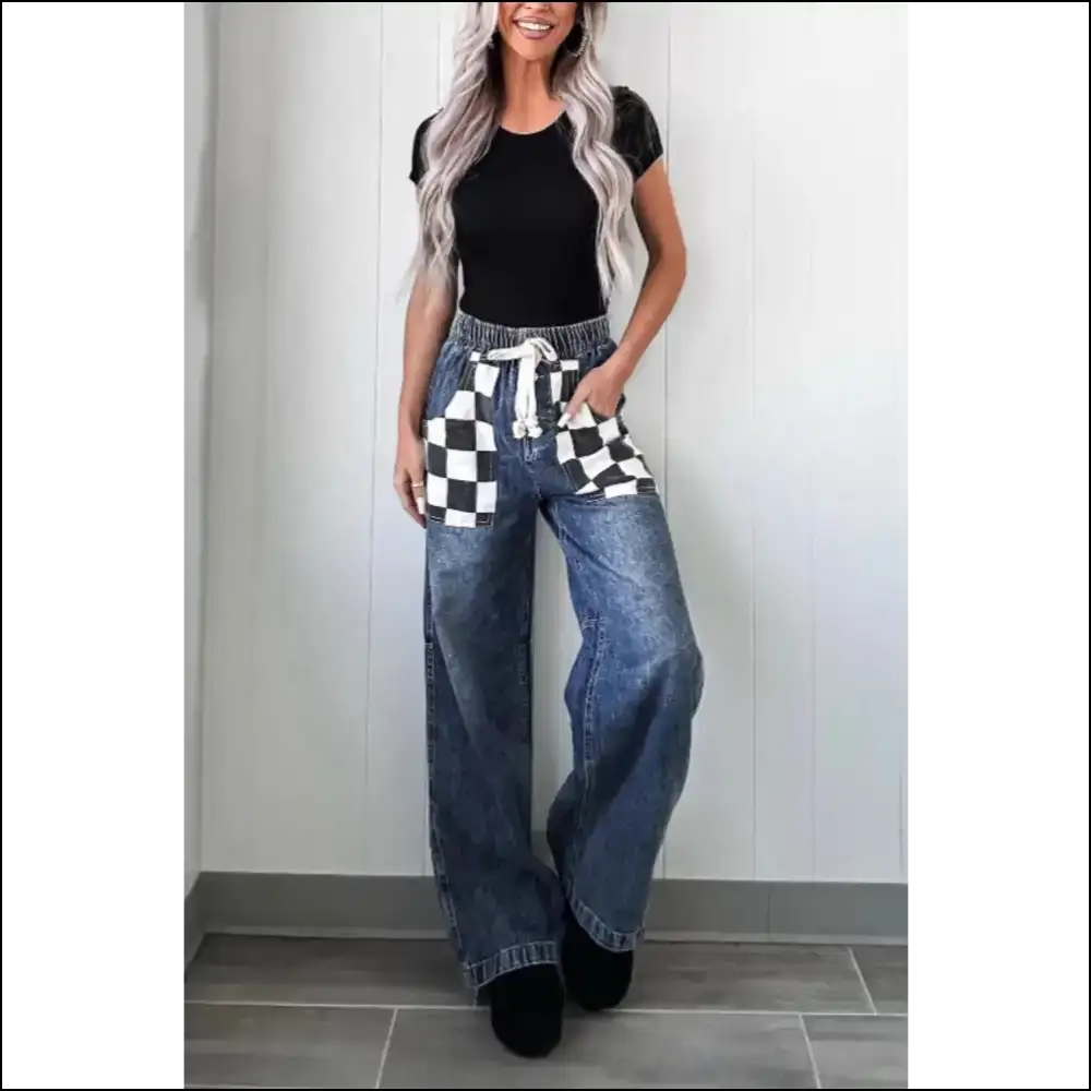 Strut your Curves in Checkered Wide Leg Jeans - Needful Things 🌟 - on Sale Worldwide Shipping