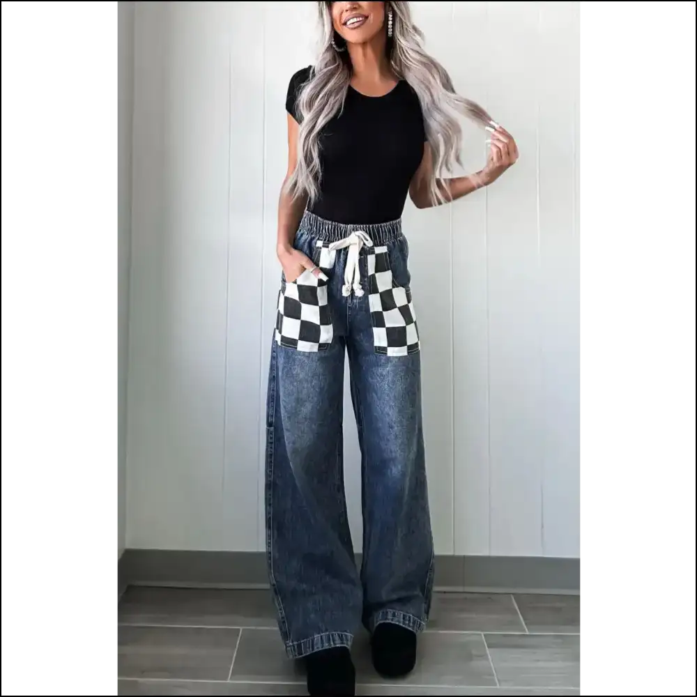 Strut your Curves in Checkered Wide Leg Jeans - Needful Things 🌟 - on Sale Worldwide Shipping