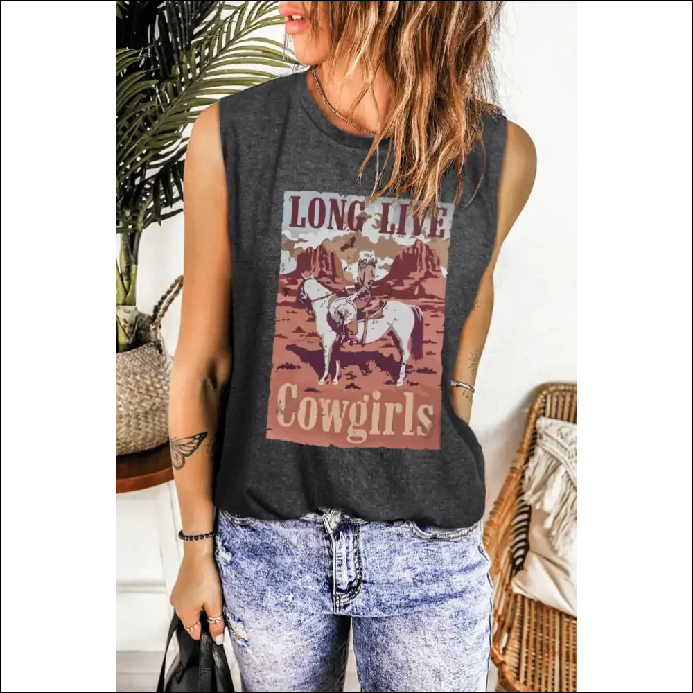 Stylish Graphic Round Neck Tank Top for Women - Dark Gray / m - Tops on Sale Worldwide Shipping