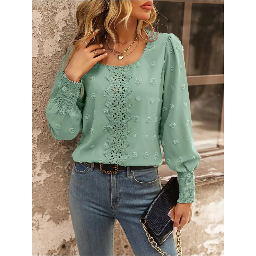 Swiss Dot Lace Detail Blouse - Effortless Elegance - Blouses on Sale Worldwide Shipping