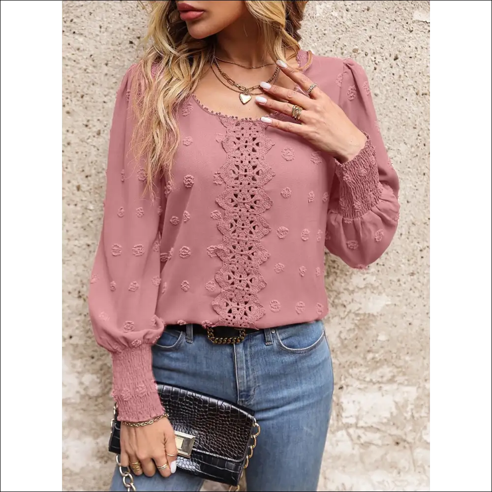 Swiss Dot Lace Detail Blouse - Effortless Elegance - Dusty Pink / s - Blouses on Sale Worldwide Shipping