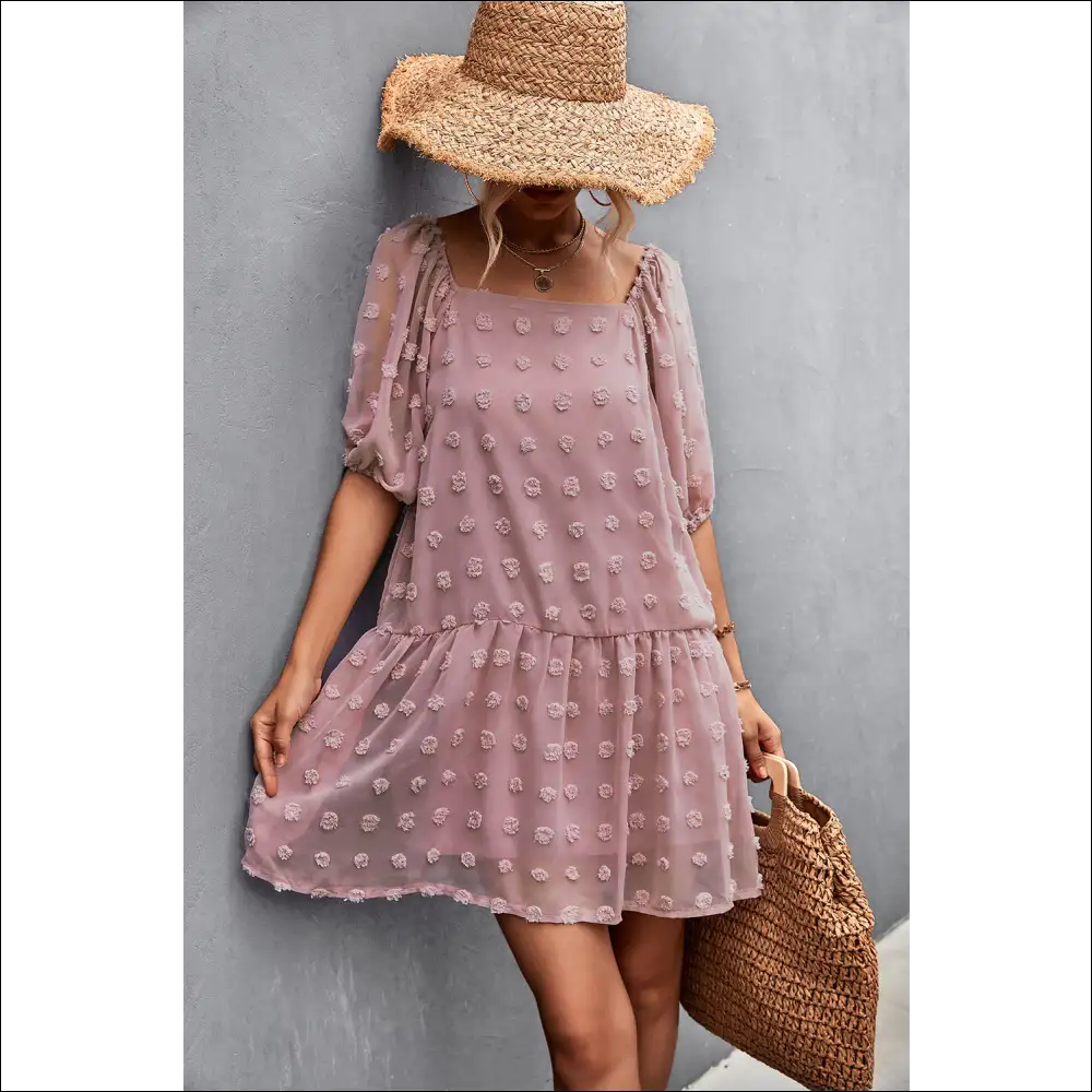 Swiss Dot Square Neck Half Balloon Sleeve Dress - Pink / m - Dresses on Sale Worldwide Shipping