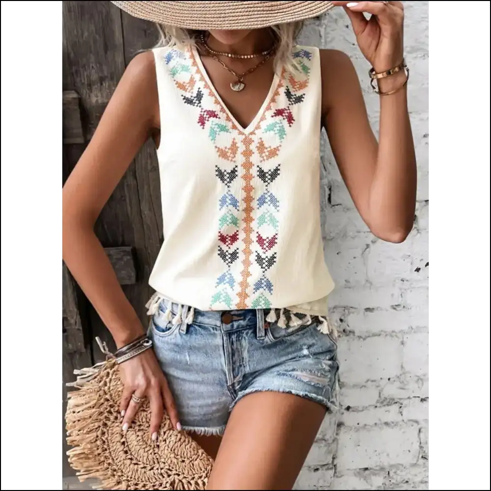 Tassel Printed V-neck Tank - Chic & Playful Style - Cream / 2xl - Tops on Sale Worldwide Shipping