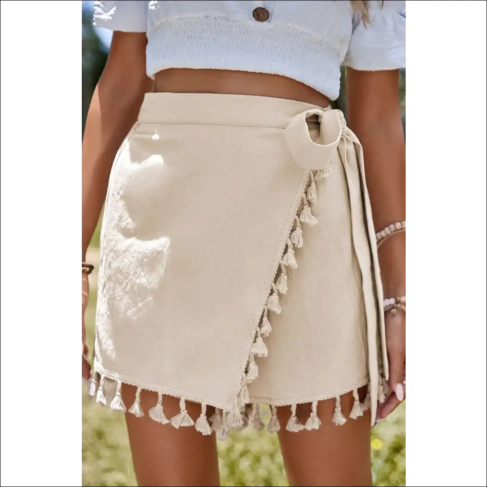 Tassel Trim Wrap Knot Side Mini Skort - Beige / Xl - Skorts Shorts on Sale Worldwide Shipping