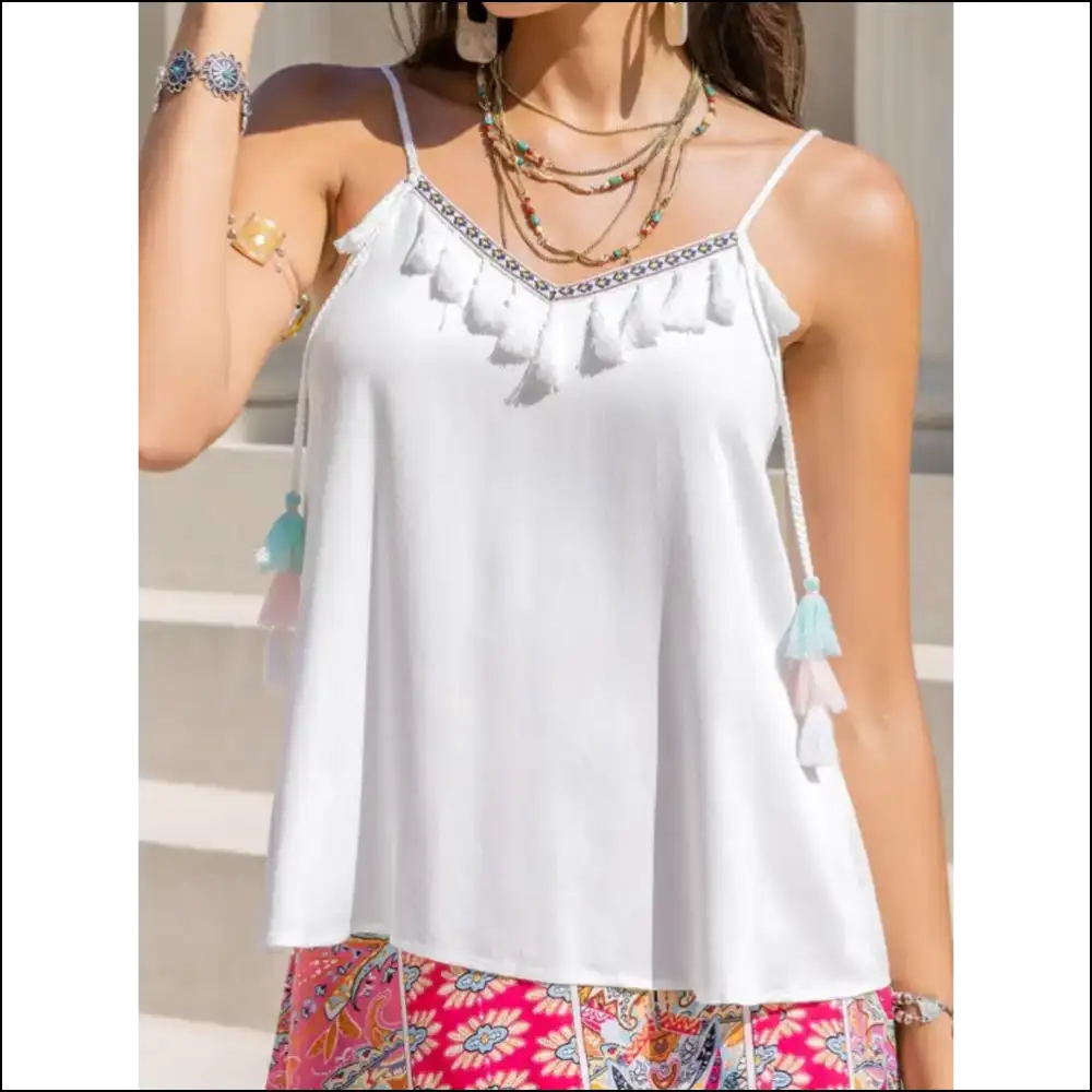 Tassel V-neck Spaghetti Strap Cami - Tank Tops on Sale Worldwide Shipping