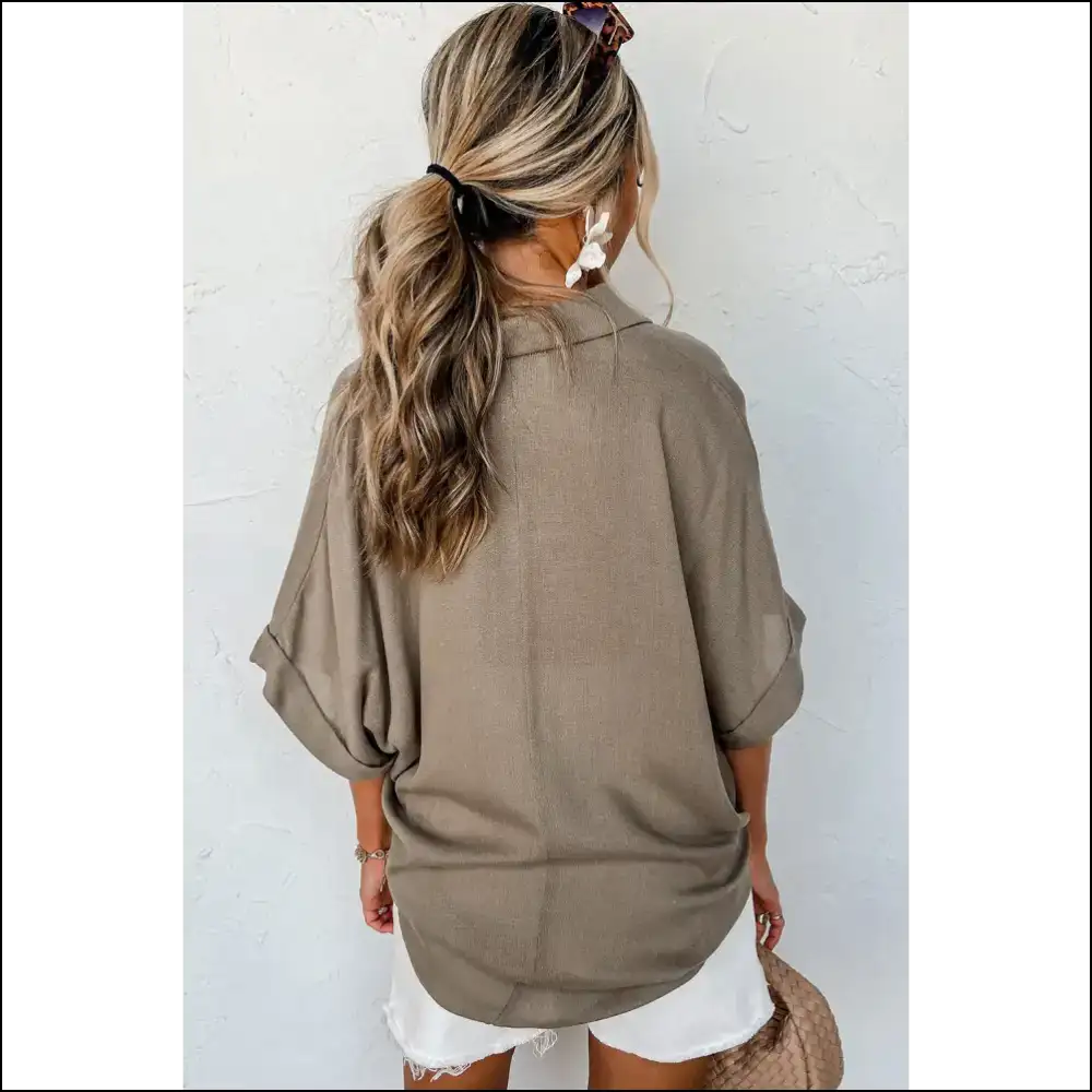 Taupe Collared Half Buttoned Bliss: your Oversized Blouse Dream - Blouses on Sale Worldwide Shipping